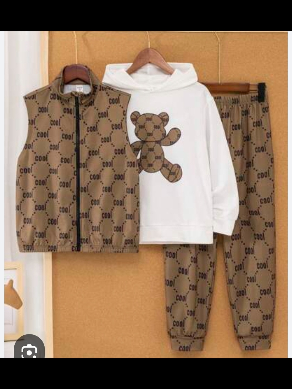 Kids Brown Teddy-Print Hoodie, Vest & Joggers Set